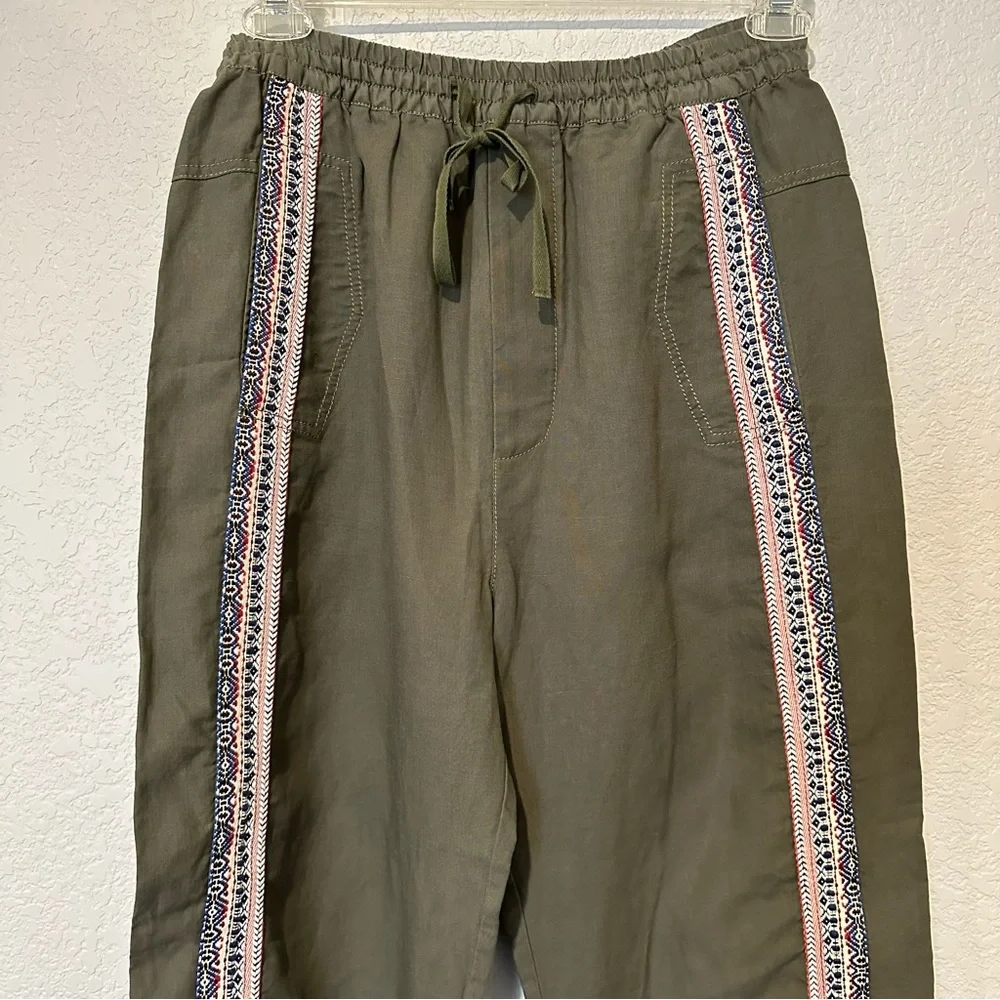 New Zara $119 SRPLS Surplus Linen Embroidered Green Pants Small 2747/972